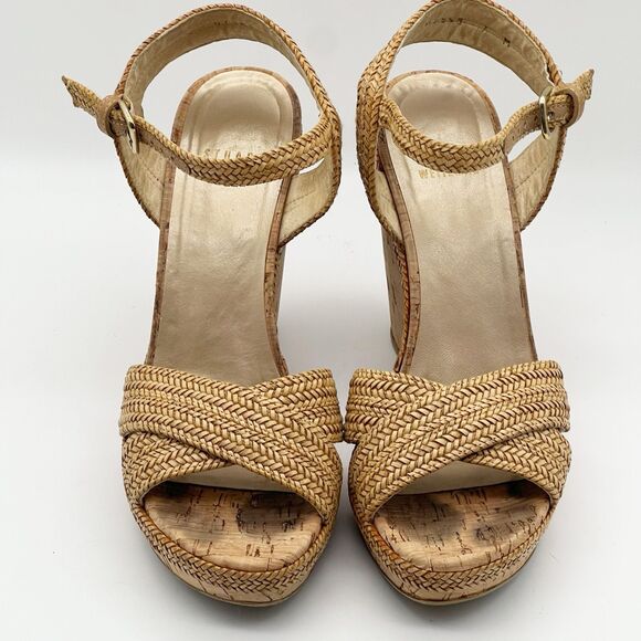Stuart Weitzman Minx Tan Woven Leather Ankle Strap Cork Wedge Sandals Women’s 7 - Picture 5 of 16